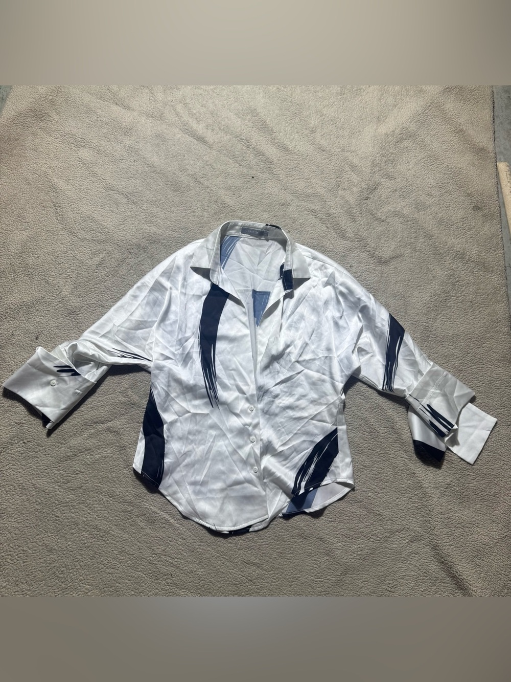Lane‎ JT Top Womens 8 US White Black Button Up Blouse Open Collar 3/4 Sleeve Tee